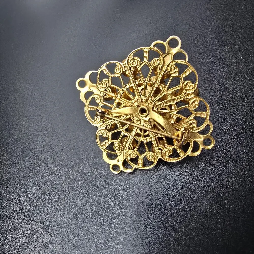 Green Rhinestone Faux Pearl Brooch Gold Tone Filigree Vintage Jewelry